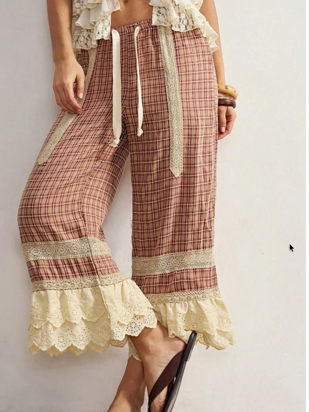 Boho Plaid print Eyelet Double Ruffe Stretchy Waist Bloomer Pants - Picture 1 of 4